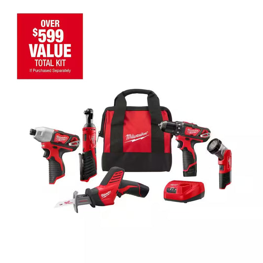 M12 12V Lithium-Ion Cordless Combo Kit (5-Tool) with Two 1.5 Ah Batteries, Charger and Tool Bag