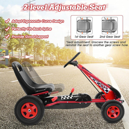 Go Kart for Kids, 4 Wheel Quad Off-Road Pedal on Foot Go Cart W/Steering Wheels & Adjustable Seat, 2 Safety Brakes, EVA Tires, Clutch, Outdoor Racer Ride on Pedal Car (Red)